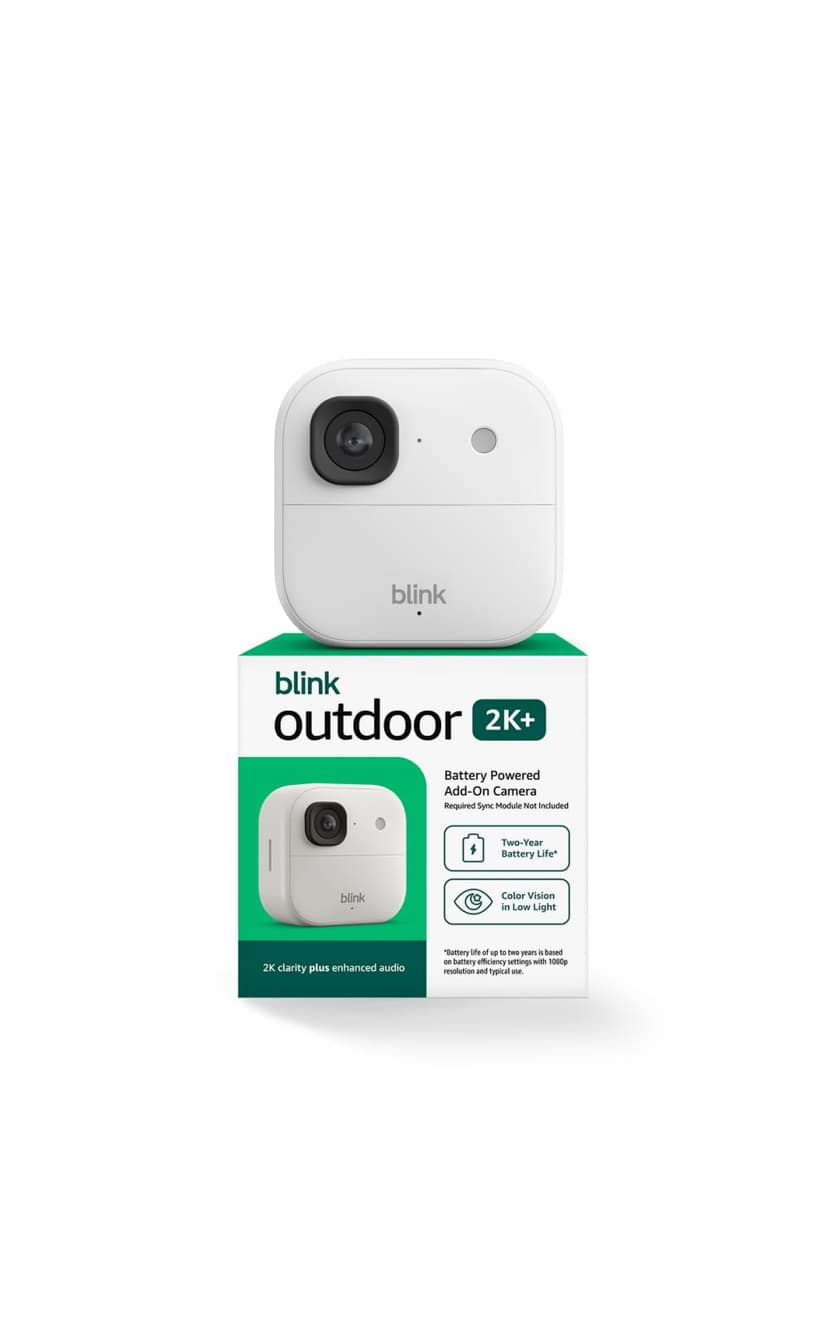 Blink Outdoor 2K+ (newest model) — Wireless smart security camera, 2K video resolution, enhanced audio, two-year battery. Required Sync Module not included — Add-On (White)