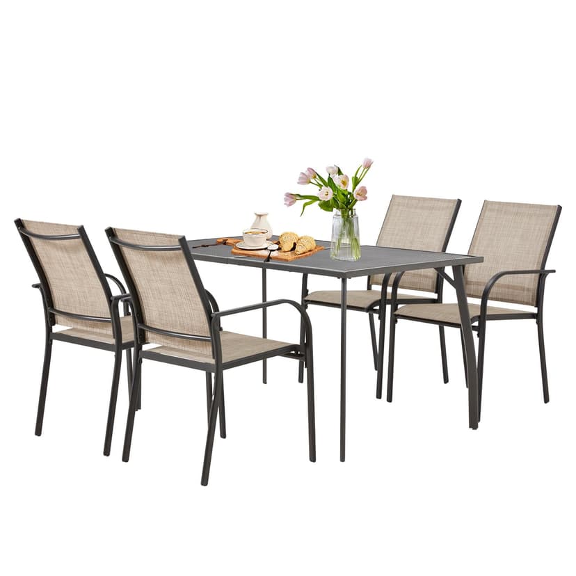AECOJOY 5 Piece Patio Table and Chair Set for 4, Outdoor Dining Set Includes 51.2" Rectangle Table with 1.73" Umbrella Hole, 4 Stackable Textilene Chairs, for Garden, Backyard and Poolside, Dark Gray