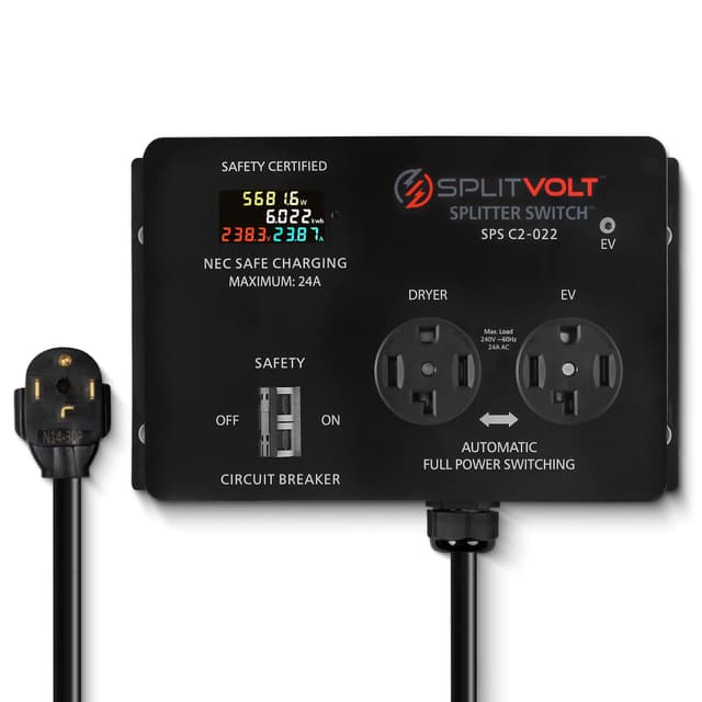 Splitvolt NEMA 14-30, 240V, 24 Amp Splitter Switch - Save Thousands on Home Electric Vehicle Charging EV Install, cETLus Certified, Auto Power Switching Between Dryer and EV or Two EVs, Plug and Play