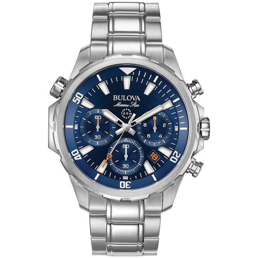 Bulova Men's Marine Star Series B Stainless Steel 6-Hand Chronograph Quartz Watch, Blue Dial Style: 96B256