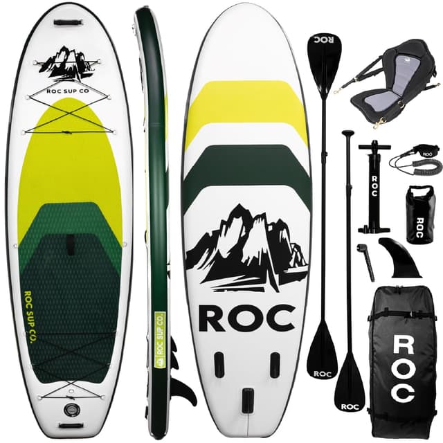 Roc Inflatable Stand Up Paddle Board 10' 6" with Premium SUP Paddle Board Accessories, Wide Stable Design, Non-Slip Comfort Deck for Youth & Adults (Lime W/Kayak Seat)