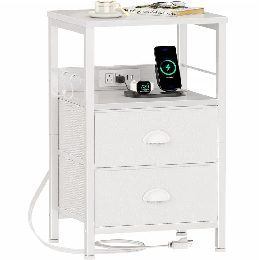 Furologee End Table with Charging Station, Nightstand with Fabric Drawers, Side Tables with USB Ports & Outlets, Night Stand with Storage Shelf & Hooks, for Living Room/Bedroom, White