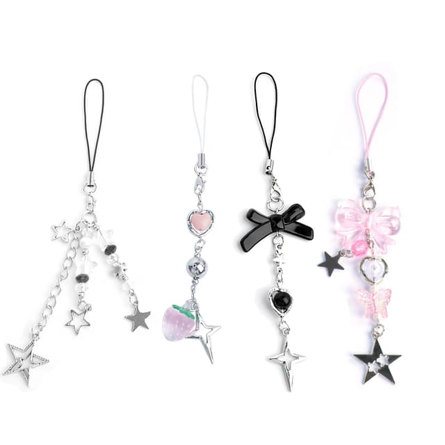 Ruittos 4PCS Cute Phone Charms Aesthetic Y2K Cellphone Charms Strap Pink Strawberry Butterfly Star Charm Y2K Accessories for Phone Bag Keychain Airpods Camera Pendants Decor (Style 1, 4)