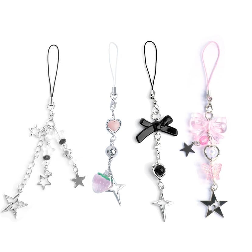 Ruittos 4PCS Cute Phone Charms Aesthetic Y2K Cellphone Charms Strap Pink Strawberry Butterfly Star Charm Y2K Accessories for Phone Bag Keychain Airpods Camera Pendants Decor (Style 1, 4)
