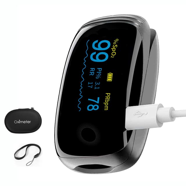 Rechargeable Pulse Oximeter Fingertip Oxygen Monitor Fingertip with SpO2 Pulse Rate and PI RR OLED Precision Fast Oximeter SpO2 Reading Outdoor Sports Home (Black)