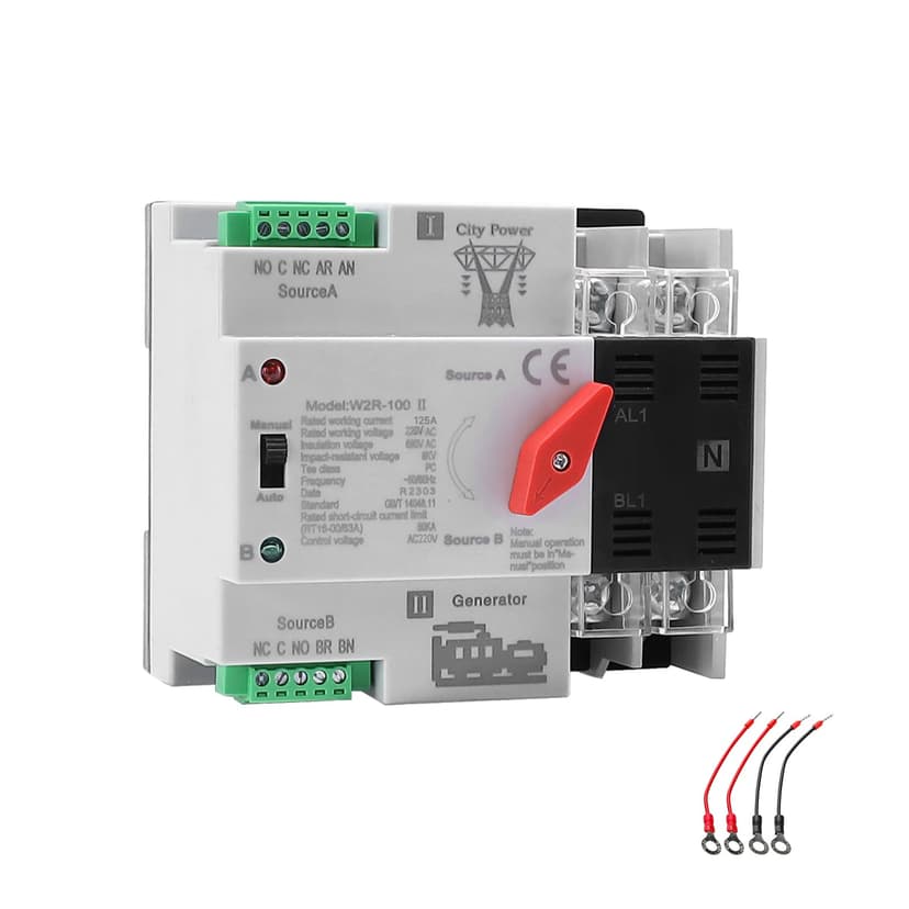 Mini ATS Automatic/Manual Transfer Switch 2P 125A AC220V, 2POLE 125amps ATS Dual Power Transfer Switch for Home Generator, Din Rail Mounted 220V Manual Transfer Switches Fast Transfer