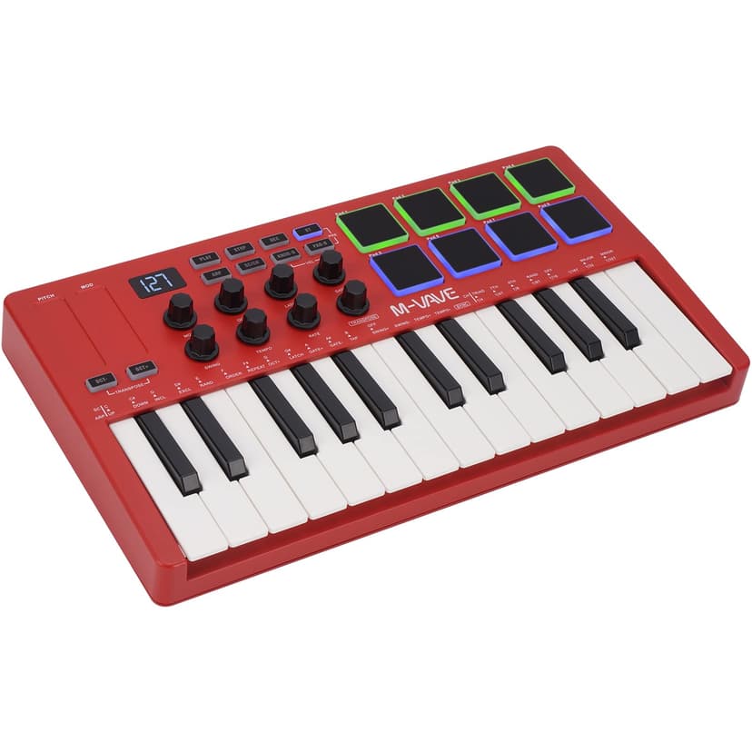 M-VAVE 25 Key USB MIDI Keyboard Controller With 8 Backlit Drum Pads, Bluetooth Semi Weighted Professional dynamic keybed 8 Knobs and Music Production,Software Included (Red)
