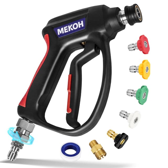 MEKOH Short Pressure Washer Gun with Swivel, 5000 PSI High Power Washer Spray Gun, 10 GPM Foam Gun with 3/8" Quick Connect, M22-14mm for Extension Wand, Hose, Pressure Washer Handle with 5 Nozzle Tips