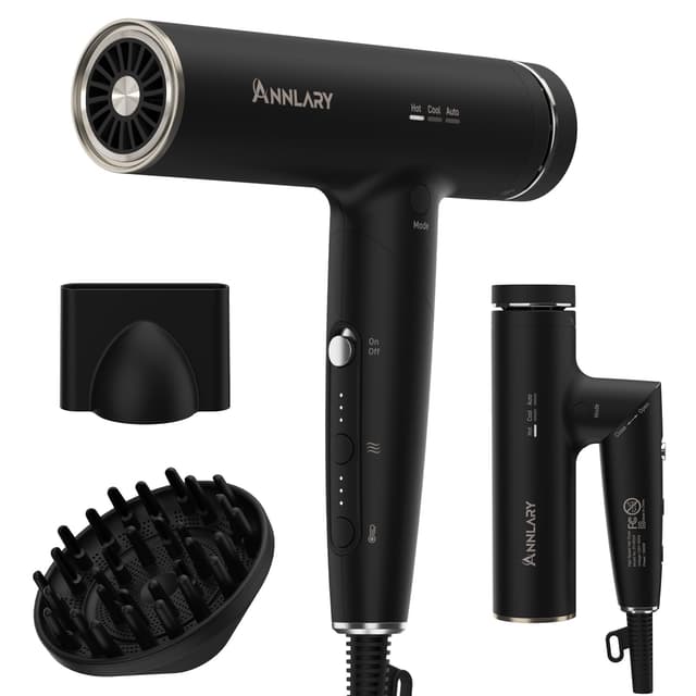 Annlary Hair Dryer, Blow Dryer with Diffuser for Curly Hair | Plasma Ionic Hairdryer for Frizz Control | Low Noise | Foldable for Travel | 6.5Ft ALCI Cord | Magnetic Nozzle for Faster Drying