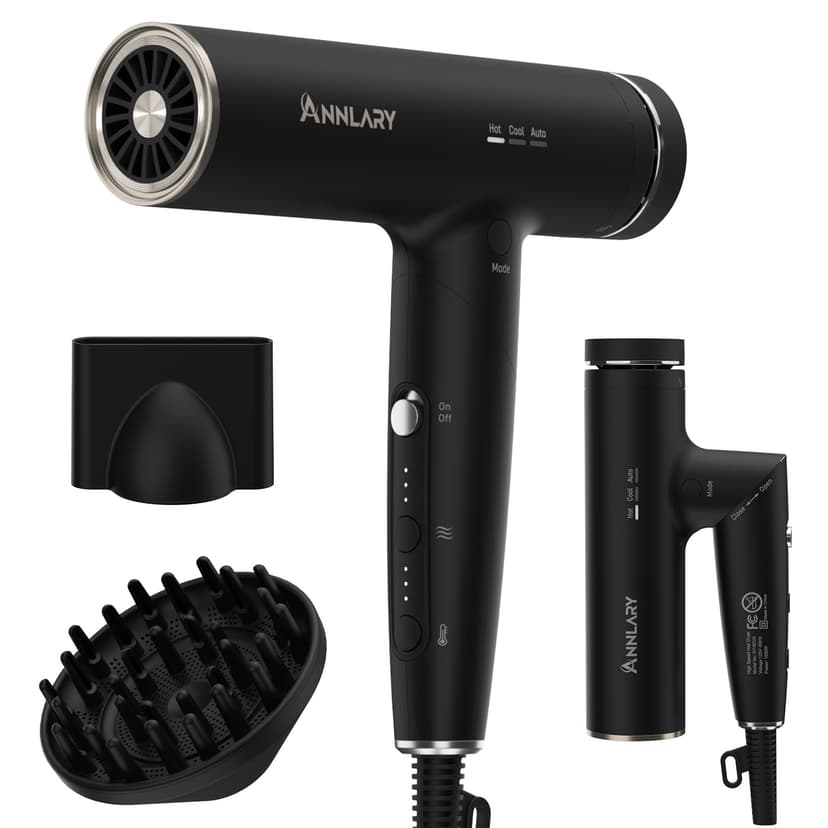 Annlary Hair Dryer, Blow Dryer with Diffuser for Curly Hair | Plasma Ionic Hairdryer for Frizz Control | Low Noise | Foldable for Travel | 6.5Ft ALCI Cord | Magnetic Nozzle for Faster Drying