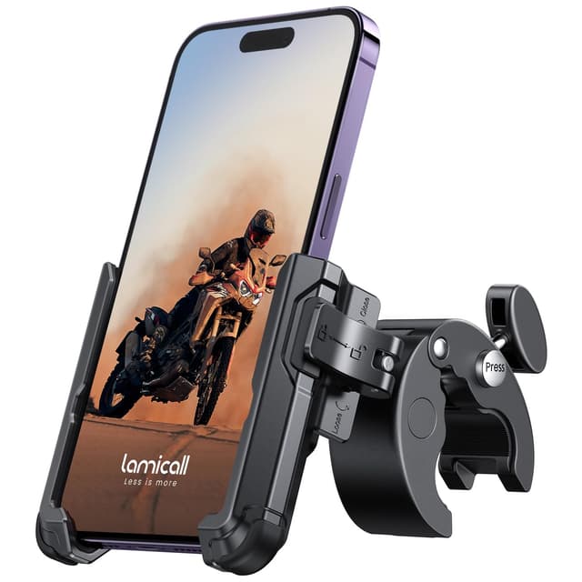 Lamicall Motorcycle Phone Mount Holder - [Camera Friendly] [1s Lock] Bike Phone Holder Handlebar Clamp, Bicycle Scooter Phone Clip, Gifts for iPhone 17, 16, 15 Pro Max, Galaxy S25 Ultra, 4.7-7" Phones