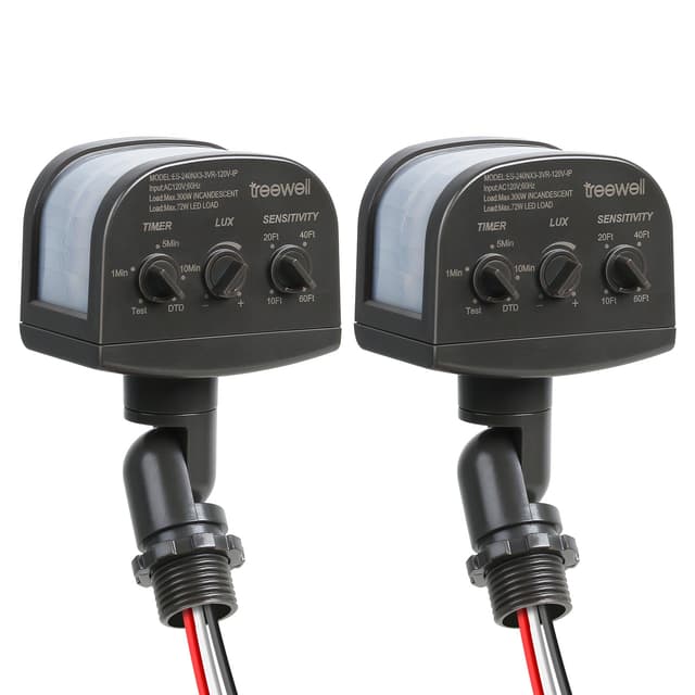 TREEWELL 2 Pack 240-Degree Replacement Motion Sensor, Adjustable LUX(5-300) & Time & Detection Sensitivity Up to 60 Feet Range, 3 Working Modes Outdoor Motion Detector for Security Floodlight, Brown