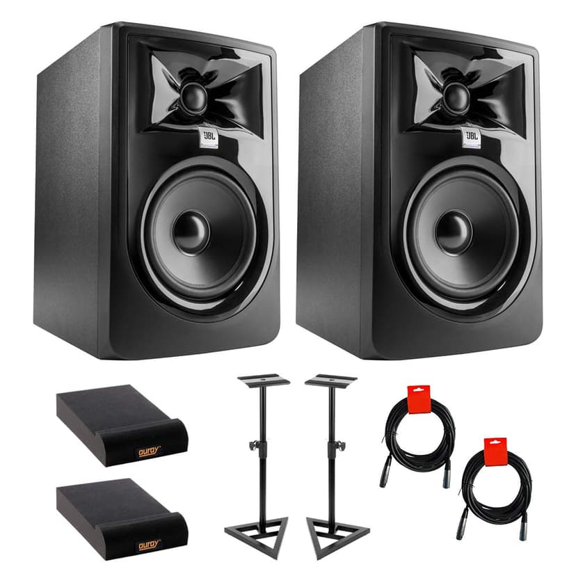 JBL 305P MkII Powered 5" Studio Monitor (Pair) Bundle with Studio Monitor Stands (Pair), 2X Small Pads & XLR-XLR Cable