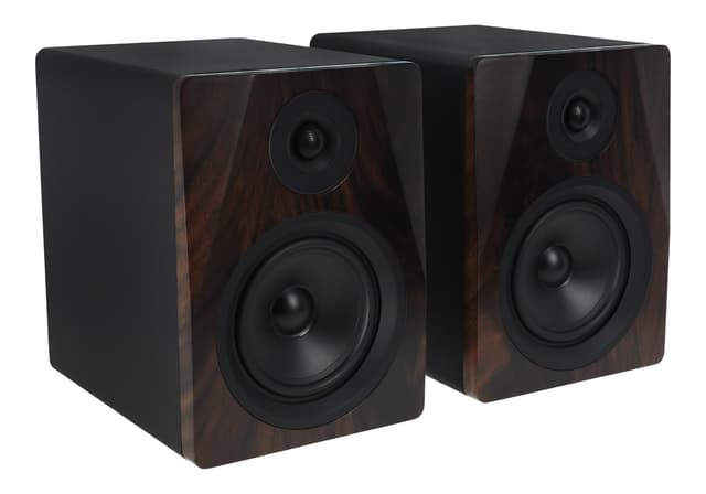 Rockville APM5D 5.25" 2-Way 250W Active Studio Monitor Speakers (Pair) - Dark Wood, Class D Amplifier, XLR/RCA Inputs, Neodymium Silk Dome Tweeter, Bass/Treble Control, Computer-Optimized Crossover