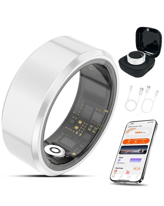 Ceramic Smart Ring Health Tracker with Charging Case Sleep, Heart Rate & SpO2 Monitor, 5ATM+IP68 Waterproof Fitness Ring for Men Women, No Subscription, 7-9Day Battery, iOS/Android Compatible White 8#