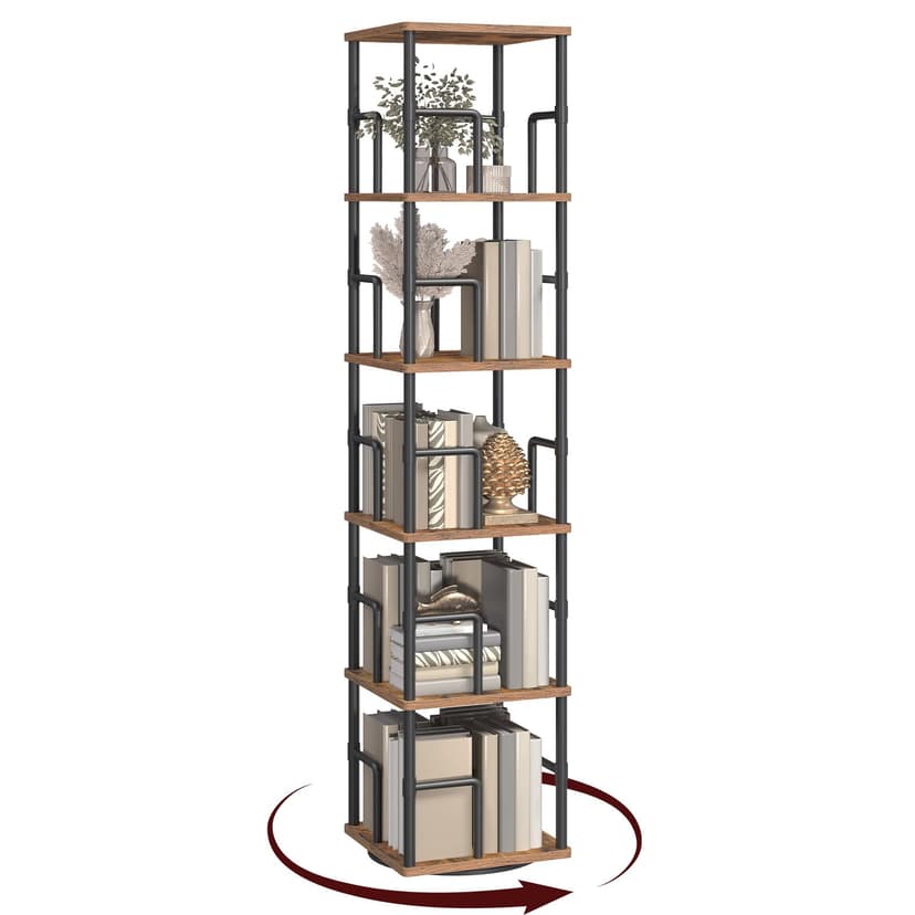 MAHANCRIS 5-Tier Rotating Bookshelf, Freestanding Corner Bookshelf, 360° Spinning Bookcase, Industrial Style Storage Rack with Rails, for Living Room, Bedroom, Study, Rustic Brown and Black BKHR1601