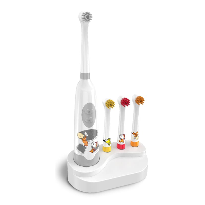 Peanuts Snoopy Electric Toothbrush Kit – Battery Powered Toothbrush with 4 Replaceable Brush Heads, High Vibration Cleaning, and Base Stand – Waterproof and Portable