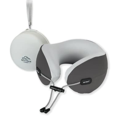 SKYTRAX COMF® Premium Ergonomic Memory Foam Travel Neck Pillow, Washable Cooling Ice Silk Cover, Firm Neck Support for Airplane Long Flights & Pain Relief, with Portable Carry Case (Grey)
