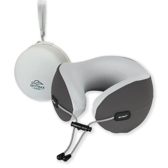 SKYTRAX COMF® Premium Ergonomic Memory Foam Travel Neck Pillow, Washable Cooling Ice Silk Cover, Firm Neck Support for Airplane Long Flights & Pain Relief, with Portable Carry Case (Grey)