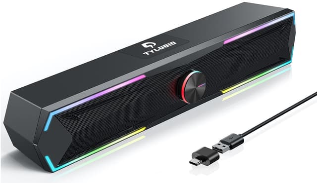 Tylubio Pc Speakers Computer Sound Bar with Stereo Sound, Flowing LED & Push-Button Control Computer Speaker for Desktop Laptop Monitor, USB Input