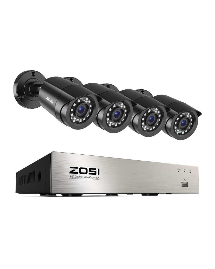 ZOSI 3K Lite Security Camera System Indoor Outdoor,AI Human/Vehicle Detection,Night Vision,Remote Access,4pcs 1080P 1920TVL Weatherproof Surveillance Cameras,H.265+ 8CH CCTV DVR(NO HDD)