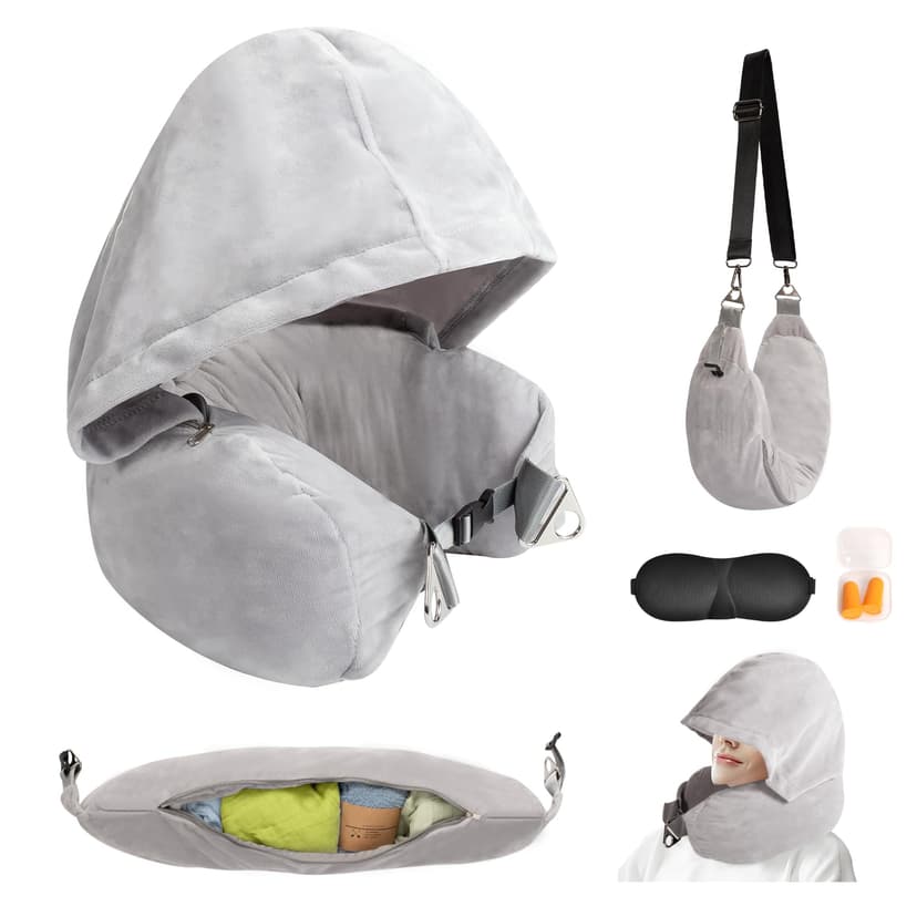 DreamShore Stuffable Neck Pillow for Travel with Hood - Adjustable Velvet Travel Pillow with Earplugs & Eye Mask, Ultimate Carry-On Travel Neck Pillow for Airplane, Travel Pillow for Extra Luggage