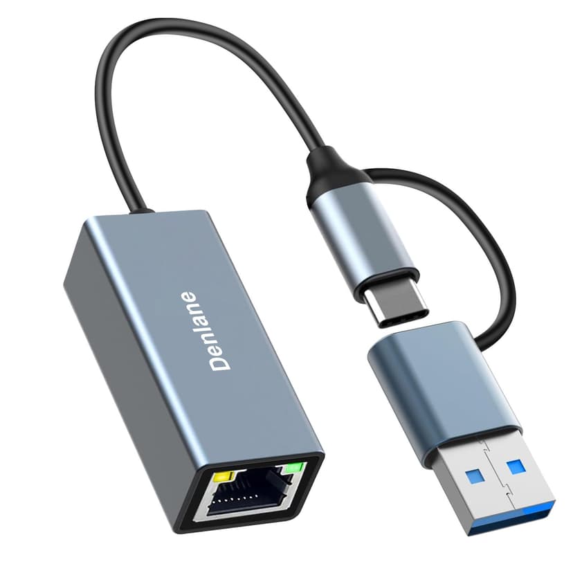 Denlane USB 3.0 to Ethernet Adapter, Ethernet to USB C Adapter 2-in-1, RJ45 Gigabit Network (1000Mbps) Hub Compatible with iPhone 15 16 17/USB-C iPad, MacBook/Pro/Air, Laptop, Windows 11/10/8/7, etc