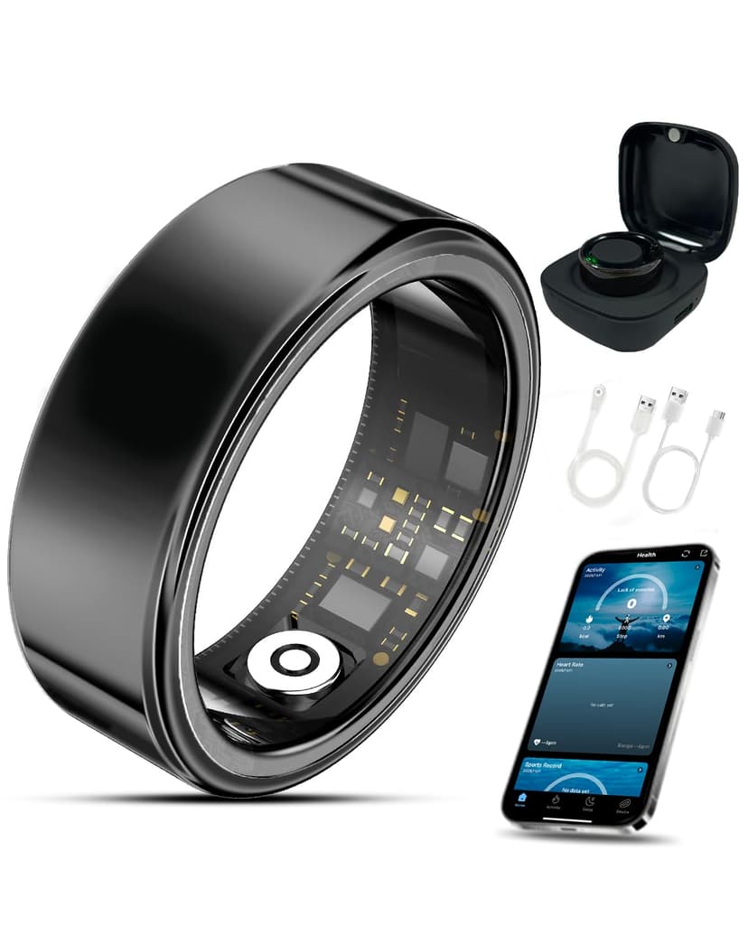 Smart Ring Health Tracker with Charging Case,Sleep,Heart Rate & Blood Oxygen Monitor, 5ATM+IP68 Waterproof Fitness Ring, No Subscription,5-7Day Battery,iOS & Android Compatible for Men Women Black 8#