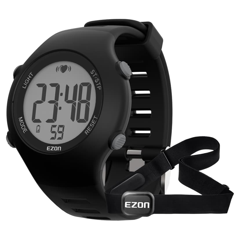EZON Heart Rate Monitor Chest Strap and Digital Watch,5ATM Waterproof Fitness Tracker with HRM,Calories Burned,Stopwatch and Hourly Chime - Ideal Fitness Presents for Men and Women (Black)
