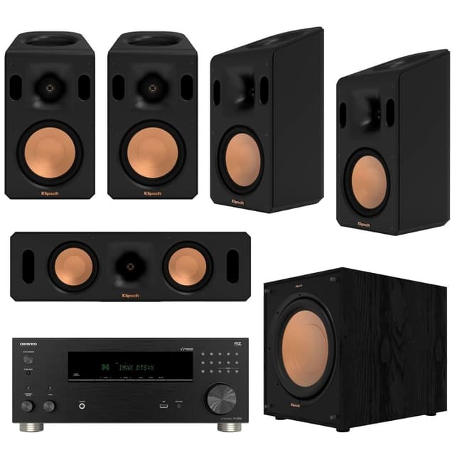 Klipsch Reference Cinema System, Black, Bundle with Onkyo TX-RZ30 170W 9.2-Channel 8K 4K Network AV Receiver