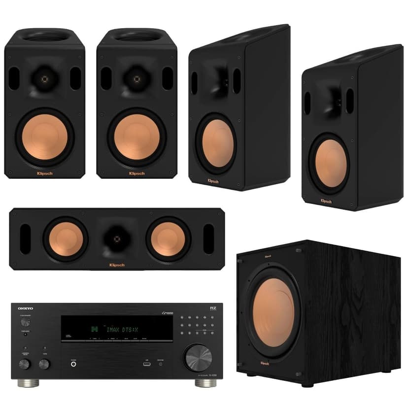 Klipsch Reference Cinema System, Black, Bundle with Onkyo TX-RZ30 170W 9.2-Channel 8K 4K Network AV Receiver