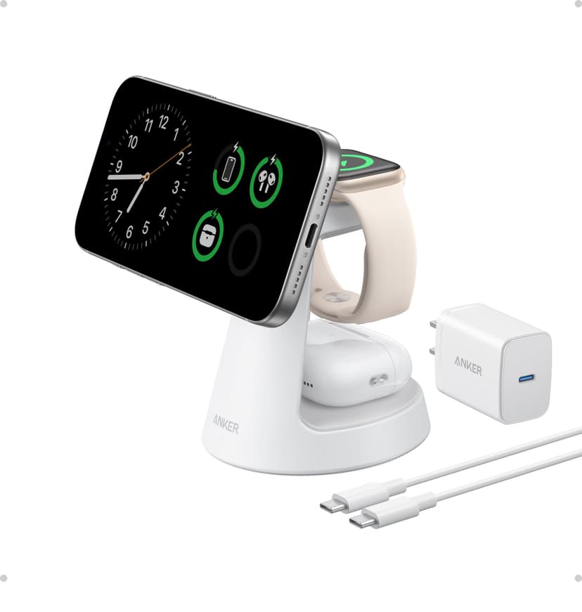 Anker MagSafe Charger Compatible, MagGo 3-in-1 Charging Station, Nano Charging Stand, Qi2 Certified 15W Magnetic Wireless Charger Dock, for iPhone17/16/15/14, Apple Watch,AirPods (Adapter Included)