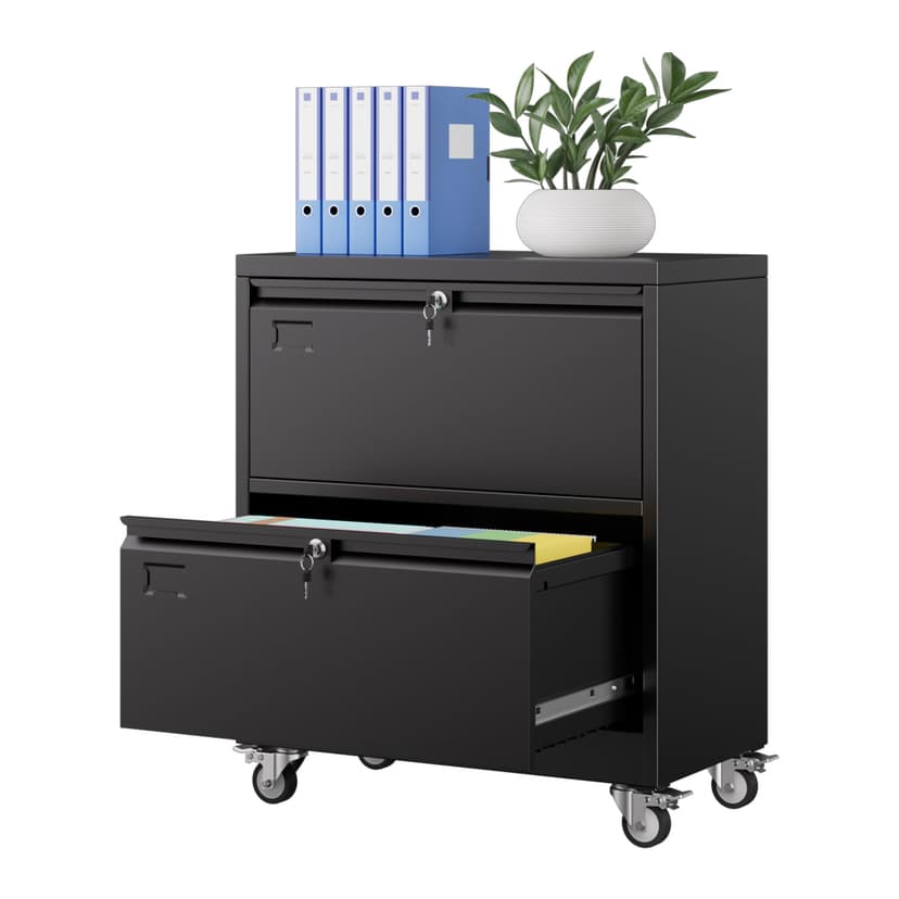 METAN Upgrade 2 Drawers Lateral File Cabinet on Wheels,Steel Office Filing Storage Cabinet with 2 Locks,Assembly Required,Black