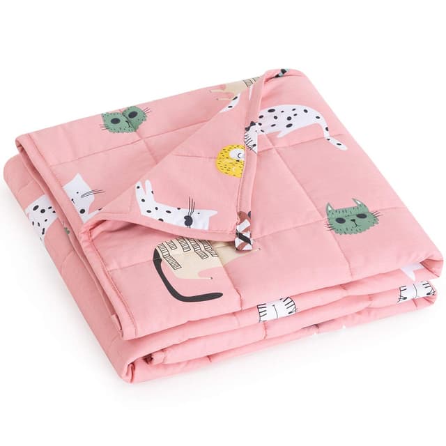 Mr. Sandman Weighted Blanket 7 lbs Twin/Full-Size Bed, Best for 50-90lb Cozy Cotton Blanket with Glass Beads - 41" x 60" Cute Cat