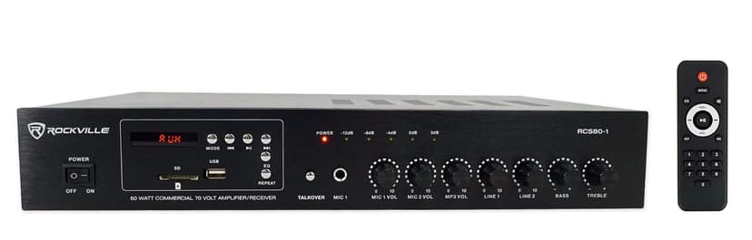Rockville RCS80-1 60 Watt 70V/100V Commercial Amplifier/Bluetooth 5.0 Receiver, Supports 4/8/16 Ohm Speakers, USB/SD/FM/RCA/Mic, for Restaurants and Offices