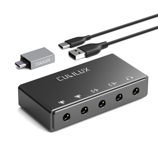 Cubilux CB5 USB Audio Interface for Recording, Streaming, Podcasting, USB to 3.5mm Sound Card with Stereo Microphone Input, Line-In, Line-Out & Headphone Jack for Monitors, Support Windows & Mac OS