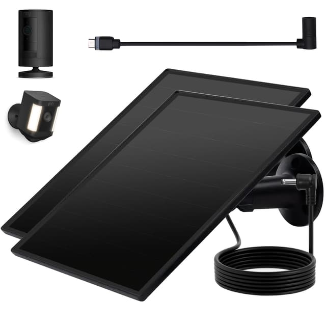 Ring Camera Solar Panel, 5W Solar Charger Compatible with Rings Spotlight Plus/Pro, Stick Up Outdoor Cam Battery, 10ft Long Cable with Ring Barrel Plug to USB-C Adapter (Black-2Pack)