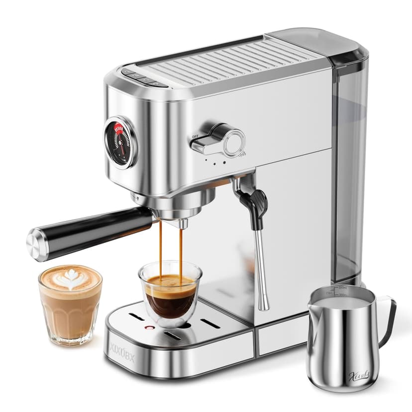 XIXUBX 20Bar Espresso Machine, Compact Espresso Maker with Milk Frother, Stainless Steel Coffee Machine for Cappuccino&Latte, 42oz Water Tank, Visible Pressure Gauge, Home&Office, Silver