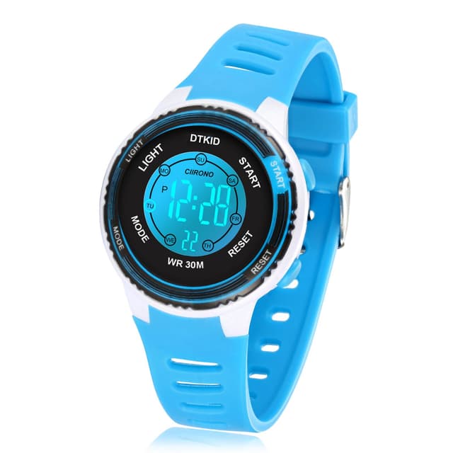 DTKID Digital Kids Watch 30 M Waterproof, 7 Color Lights Time Teaching Watch Easy to Read for Girls Boy 5-16 Light Blue