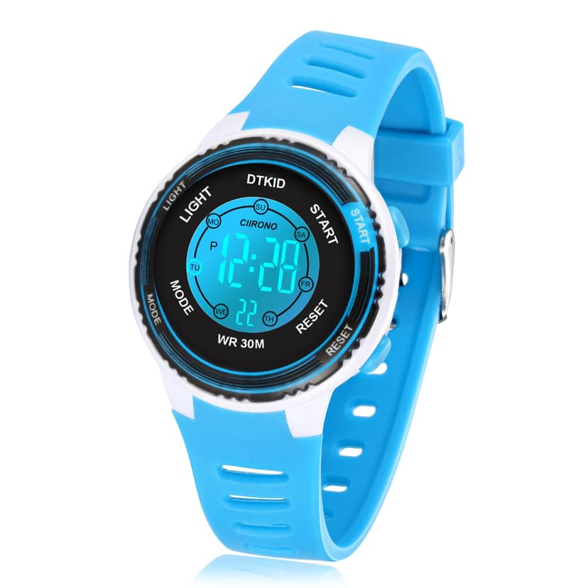 DTKID Digital Kids Watch 30 M Waterproof, 7 Color Lights Time Teaching Watch Easy to Read for Girls Boy 5-16 Light Blue
