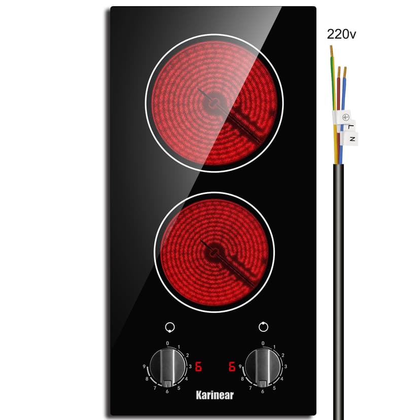 Karinear 2 Burner Electric Cooktop 12 Inch Built-in Electric Stove Top, 220v- 240v Radiant Cooktop with Residual Heat Indicator, Knob Control, Over-Temperature Protection, Hard Wire(No Plug)