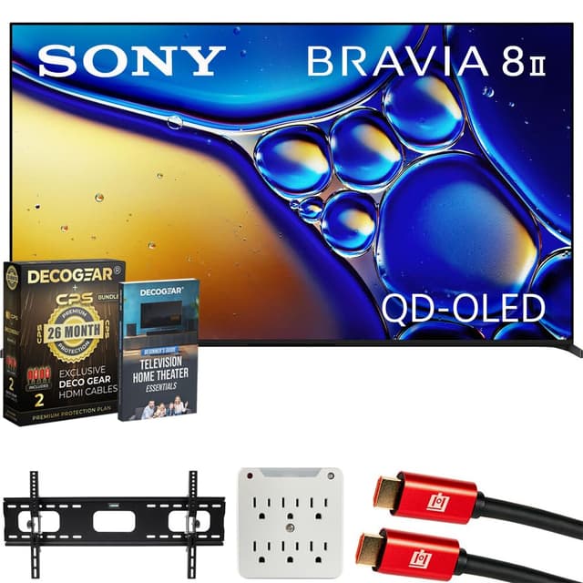Sony K55XR80M2 BRAVIA 8 II 55" QD-OLED 4K HDR TV (2025) Bundle with CPS Exclusive 26 Month Protection, Wall Mount, 2X HDMI Cables, Surge Adapter & Deco Gear Complete Home Theater Beginner's Guidebook