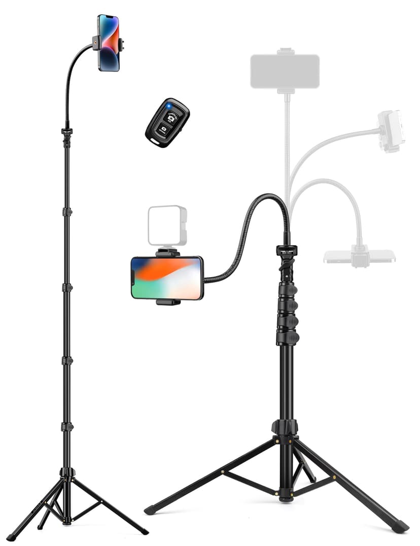 Phone Tripod, 86" Tall Tripod for iPhone with Flexible Gooseneck & Remote, Portable Aluminum Cellphone Stand for Selfies, Video Recording,Travel, Compatible with iPhone Android