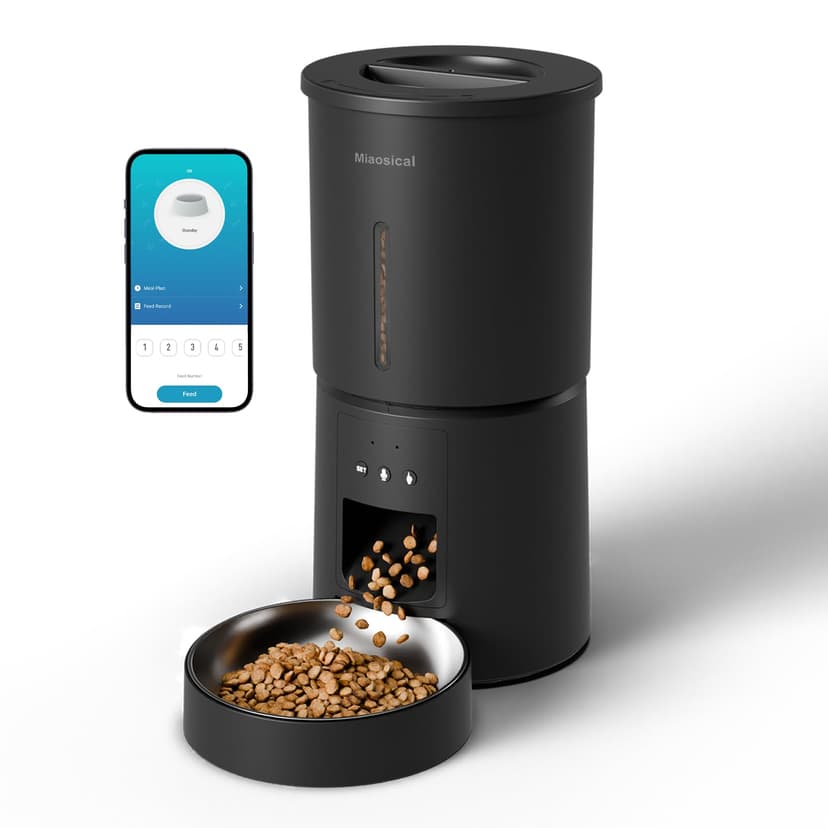 Miaosical Automatic Cat Feeder,2.4G WiFi Timed Auto Cat Food Dispenser with 10s Voice Recorder,Dual Power Supply,4.2L Auto Cats Feeder(Black, 4.2L WiFi Single Bowl)