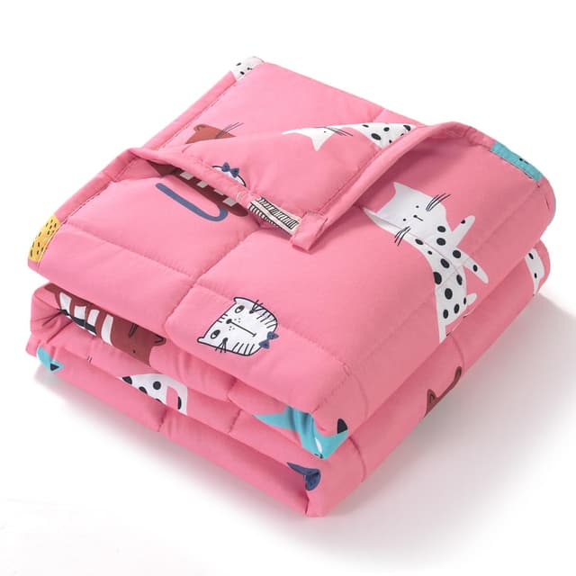 Kivik Cooling Weighted Blanket 7 Pounds, Breathable Weighted Blankets, Ultra Soft Heavy Throw for Relaxing & Sleeping, Machine Washable, 41 x 60 Inches, Cute Cat Printing, Pink