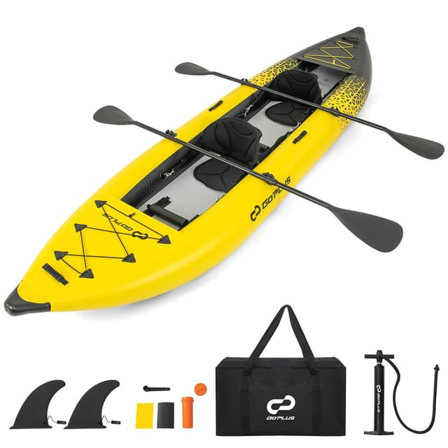 Goplus Inflatable Kayak, 2-Person Kayak Set for Adults with 507 LBS Weight Capacity, 2 Aluminium Oars, EVA Padded Seat, 2 Fins, Hand Pump, Carry Bag, Repair Kit, Portable Touring Kayaks (Yellow)