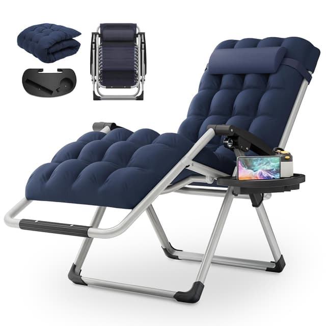 MoNiBloom Stable Folding Chair Outdoor Lounge Chair Beach Pool Lawn Recliner Sunbathing Chair, with Detachable Soft Cushion, Pillow and Side Tray, 330lbs Capacity Blue
