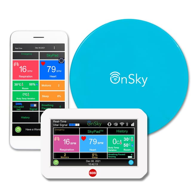 SkyPad FDA-Cleared Contact-Free Heart & Breathing & Sleep Apnea & Seizure Monitor, Adult & Children Home Health Care - Senior & Nursing Home - Remotely Monitor Wellness via app - Emergency Alert Call