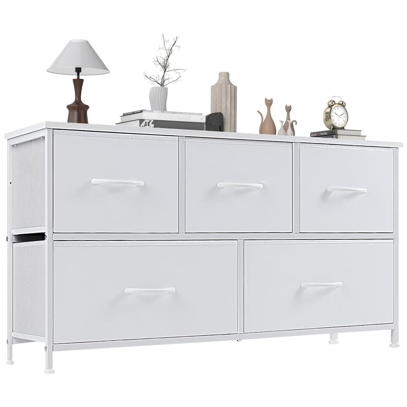 OLIXIS 5 Drawer Dresser Nightstand Classic White, Wooden Top Metal Frame Fabric Storage Organizer for Bedroom Living Room Entryway, Wide TV Stand Closet Chest Furniture