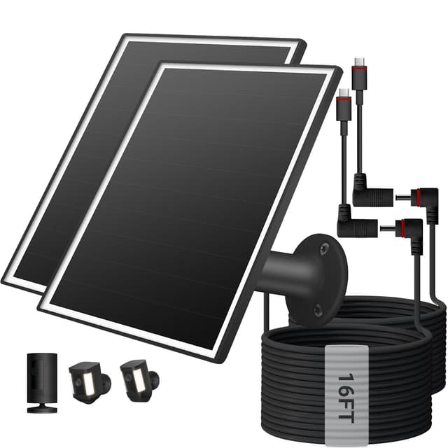 VERVERAY 2 Pack Solar Panel for Ring Camera, 6W Solar Charger with USB-C & Barrel Plug for Ring Stick Up Cam Plus/Pro & Spotlight Cam Battery Series, Waterproof, 16ft Cable (Black)